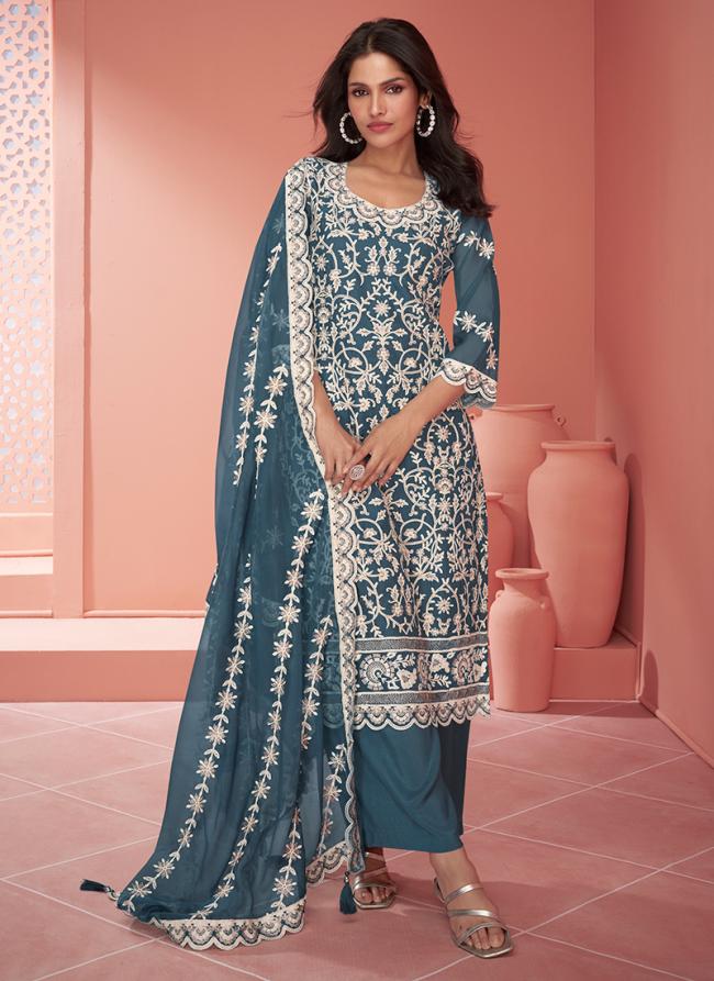 Organza Silk Blue Wedding Wear Embroidery Work Salwaar Suit